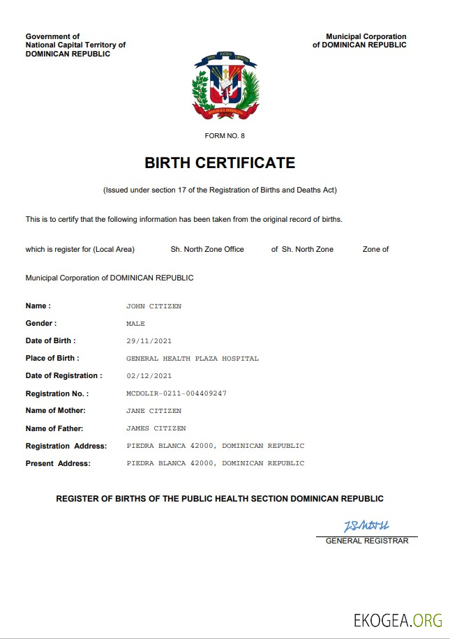 Modèle Word et PDF d'acte de naissance en République Dominicaine